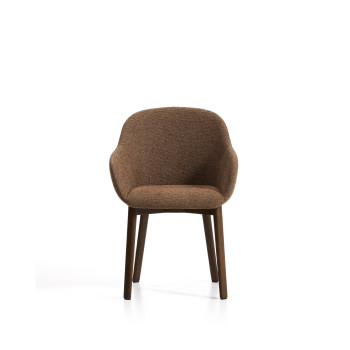Meila chair with terracotta chenille armrests and solid oak legs with walnut finish