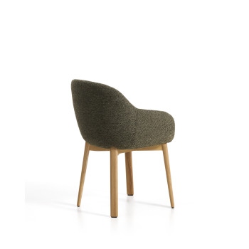 Meila chair with green chenille armrests and solid oak legs with a natural finish