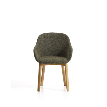 Meila chair with green chenille armrests and solid oak legs with a natural finish