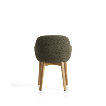 Meila chair with green chenille armrests and solid oak legs with a natural finish