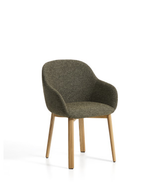 Meila chair with green chenille armrests and solid oak legs with a natural finish