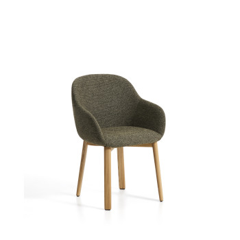 Meila chair with green chenille armrests and solid oak legs with a natural finish