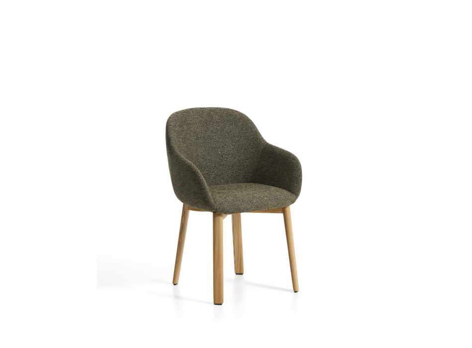 Meila chair with green chenille armrests and solid oak legs with a natural finish