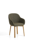 Meila chair with green chenille armrests and solid oak legs with a natural finish