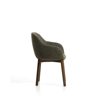 Meila chair with green chenille armrests and solid oak legs with walnut finish