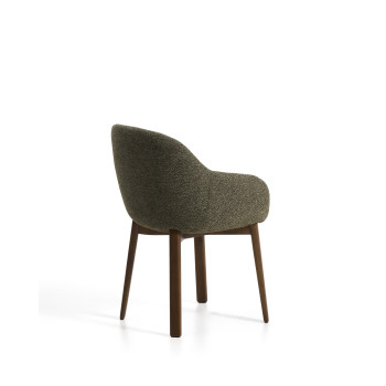 Meila chair with green chenille armrests and solid oak legs with walnut finish