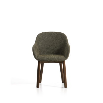 Meila chair with green chenille armrests and solid oak legs with walnut finish