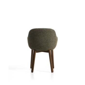 Meila chair with green chenille armrests and solid oak legs with walnut finish
