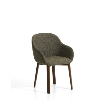 Meila chair with green chenille armrests and solid oak legs with walnut finish