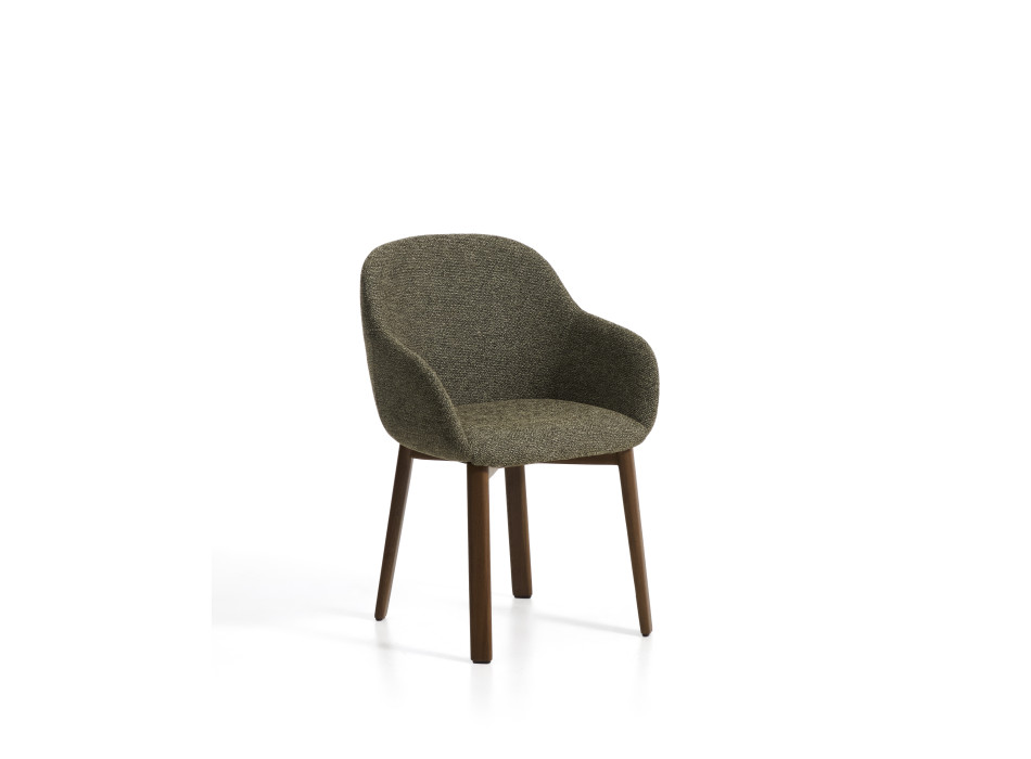 Meila chair with green chenille armrests and solid oak legs with walnut finish