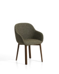 Meila chair with green chenille armrests and solid oak legs with walnut finish