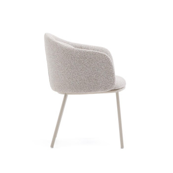 Minda chair in thick beige chenille with steel legs in a blue finish. FSC Mix Credit.