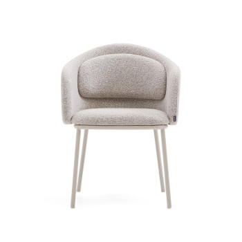 Minda chair in thick beige chenille with steel legs in a blue finish. FSC Mix Credit.