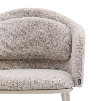 Minda chair in thick beige chenille with steel legs in a blue finish. FSC Mix Credit.