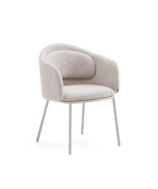 Minda chair in thick beige chenille with steel legs in a blue finish. FSC Mix Credit.