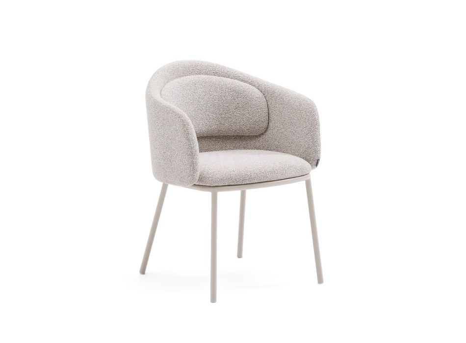 Minda chair in thick beige chenille with steel legs in a blue finish. FSC Mix Credit.