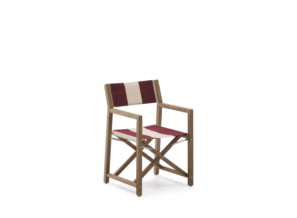 Vilara folding outdoor chair with burgundy and beige stripes made of solid FSC 100% acacia wood.