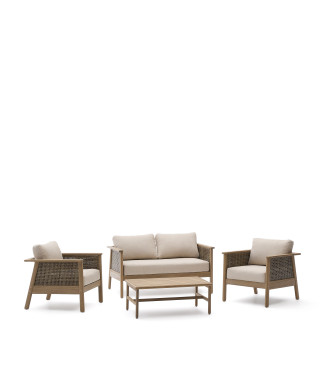 Alabe set consisting of a 2-seater sofa, 2 armchairs and a coffee table in FSC 100% acacia wood.