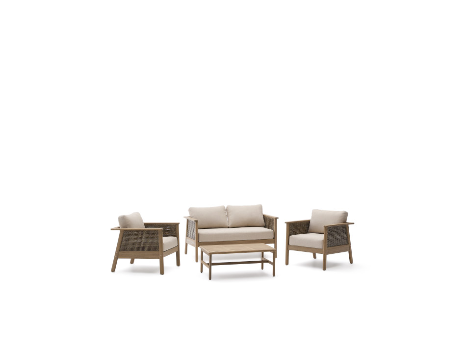 Alabe set consisting of a 2-seater sofa, 2 armchairs and a coffee table in FSC 100% acacia wood.