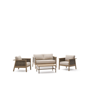 Alabe set consisting of a 2-seater sofa, 2 armchairs and a coffee table in FSC 100% acacia wood.