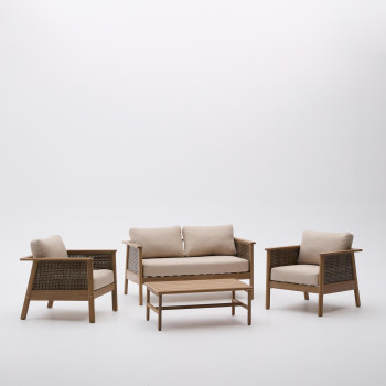 Alabe set consisting of a 2-seater sofa, 2 armchairs and a coffee table in FSC 100% acacia wood.