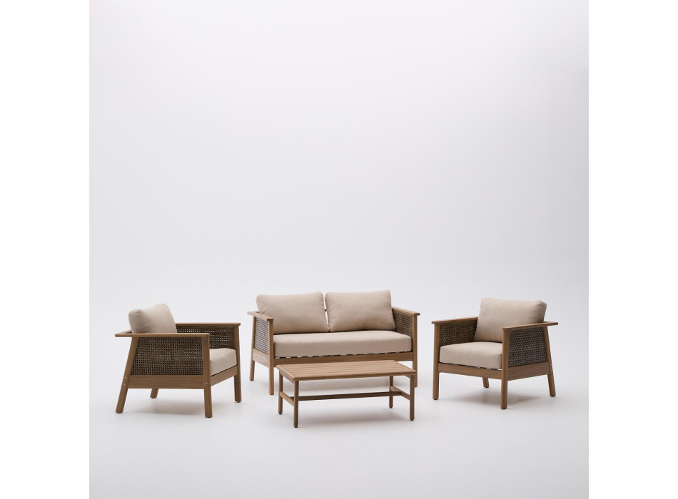 Alabe set consisting of a 2-seater sofa, 2 armchairs and a coffee table in FSC 100% acacia wood.