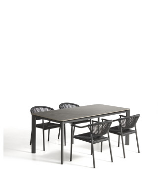 Anafi table set in sintered stone and graphite aluminum and 4 Livadia chairs in graphite aluminum 180 x 90 cm
