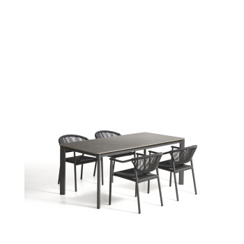 Anafi table set in sintered stone and graphite aluminum and 4 Livadia chairs in graphite aluminum 180 x 90 cm