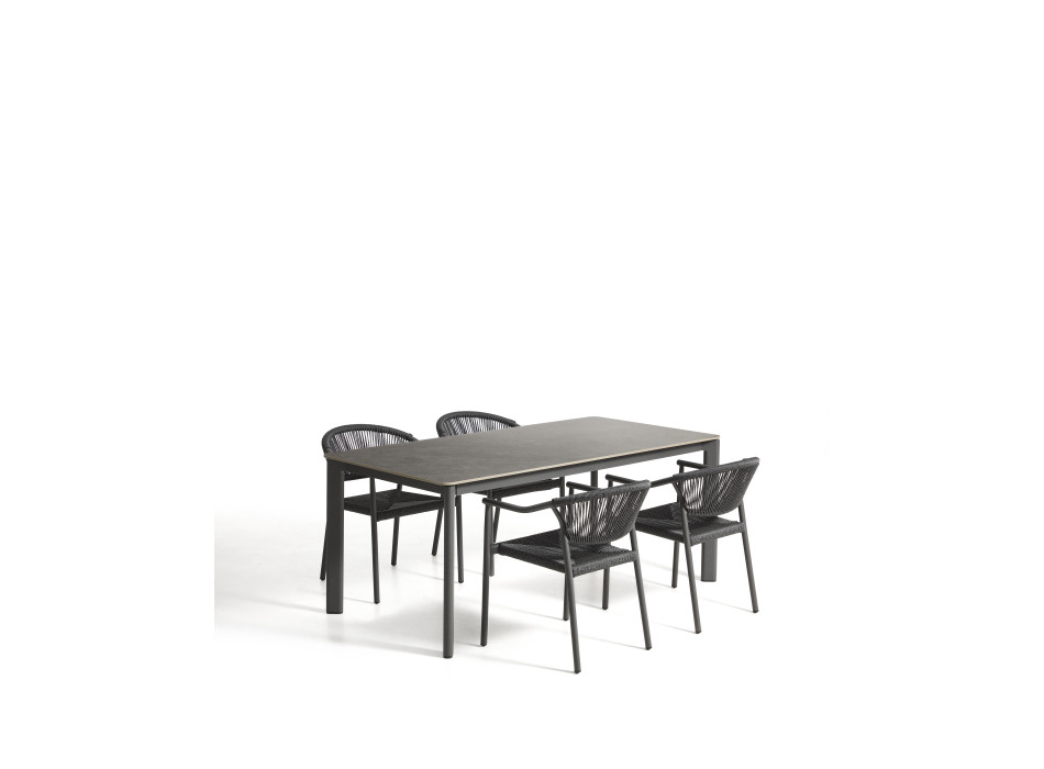 Anafi table set in sintered stone and graphite aluminum and 4 Livadia chairs in graphite aluminum 180 x 90 cm