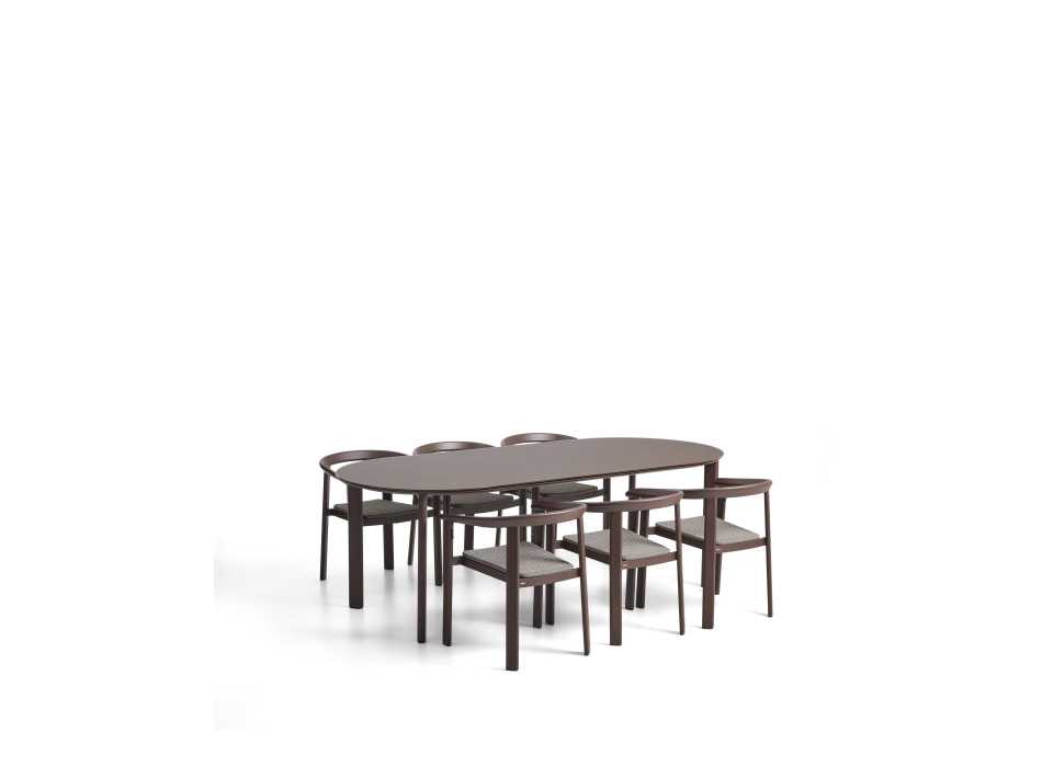 Erice set consisting of 6 stackable aluminum and rope chairs and an aluminum and tempered glass table