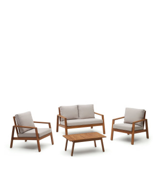 Frares set of 2-seater sofa, 2 armchairs and a coffee table in solid acacia wood