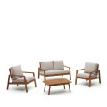 Frares set of 2-seater sofa, 2 armchairs and a coffee table in solid acacia wood