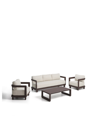 Nerano set with 3-seater sofa, 2 armchairs and coffee table in tempered glass and brown aluminum