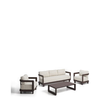 Nerano set with 3-seater sofa, 2 armchairs and coffee table in tempered glass and brown aluminum