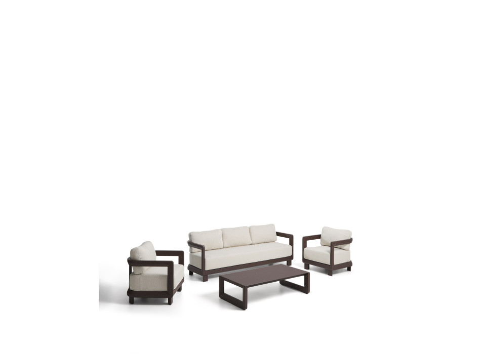 Nerano set with 3-seater sofa, 2 armchairs and coffee table in tempered glass and brown aluminum