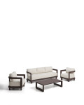 Nerano set with 3-seater sofa, 2 armchairs and coffee table in tempered glass and brown aluminum