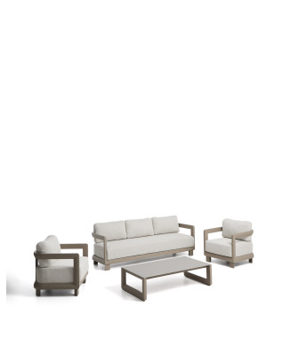Nerano set with 3-seater sofa, 2 armchairs and coffee table in tempered glass and taupe aluminum