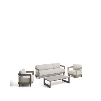 Nerano set with 3-seater sofa, 2 armchairs and coffee table in tempered glass and taupe aluminum