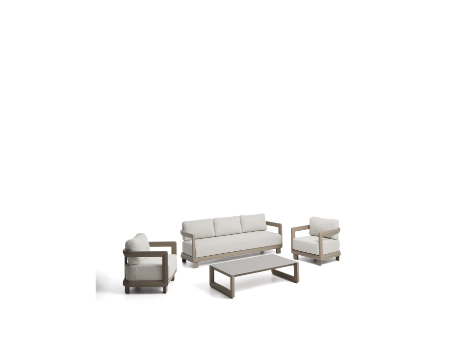 Nerano set with 3-seater sofa, 2 armchairs and coffee table in tempered glass and taupe aluminum