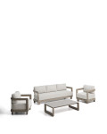Nerano set with 3-seater sofa, 2 armchairs and coffee table in tempered glass and taupe aluminum