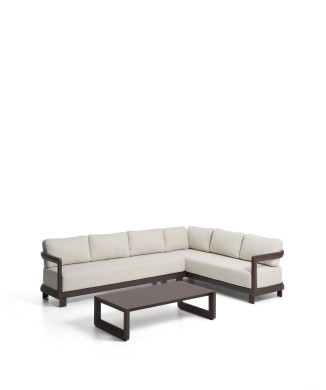 Nerano set with 5-seater corner sofa and coffee table in tempered glass and brown aluminum