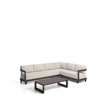 Nerano set with 5-seater corner sofa and coffee table in tempered glass and brown aluminum
