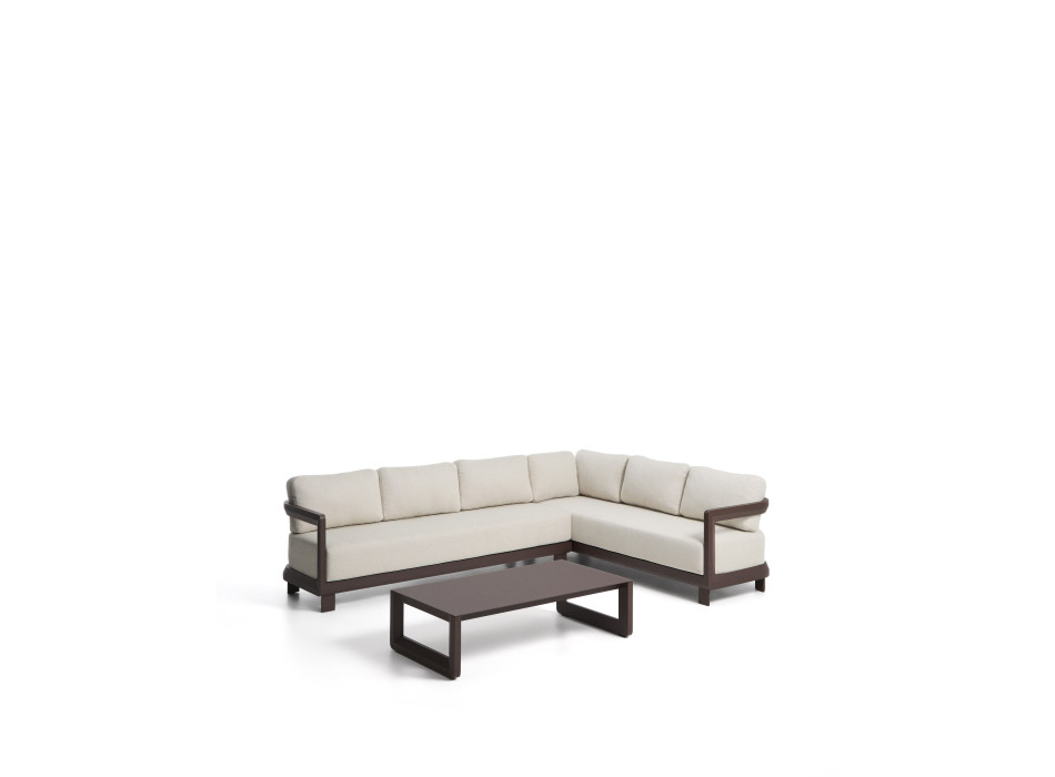 Nerano set with 5-seater corner sofa and coffee table in tempered glass and brown aluminum
