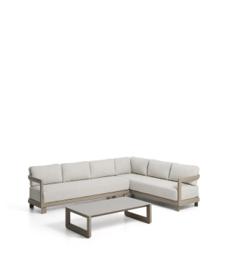 Nerano set with 5-seater corner sofa and coffee table in tempered glass and taupe aluminum