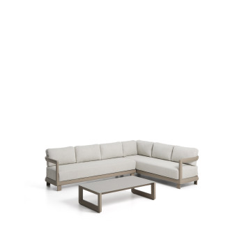 Nerano set with 5-seater corner sofa and coffee table in tempered glass and taupe aluminum