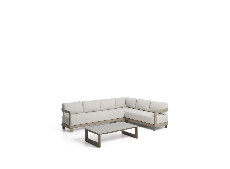 Nerano set with 5-seater corner sofa and coffee table in tempered glass and taupe aluminum