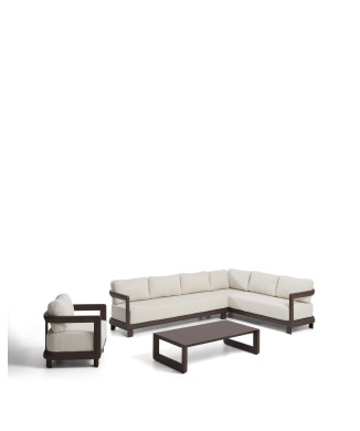 Nerano set with 5-seater corner sofa, armchair and coffee table in tempered glass and brown aluminum