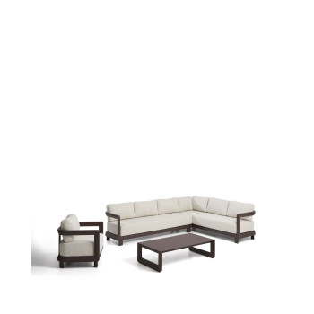 Nerano set with 5-seater corner sofa, armchair and coffee table in tempered glass and brown aluminum