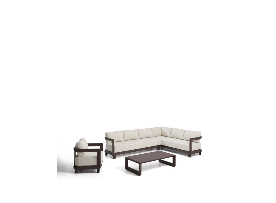 Nerano set with 5-seater corner sofa, armchair and coffee table in tempered glass and brown aluminum