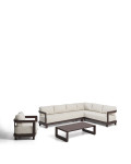 Nerano set with 5-seater corner sofa, armchair and coffee table in tempered glass and brown aluminum